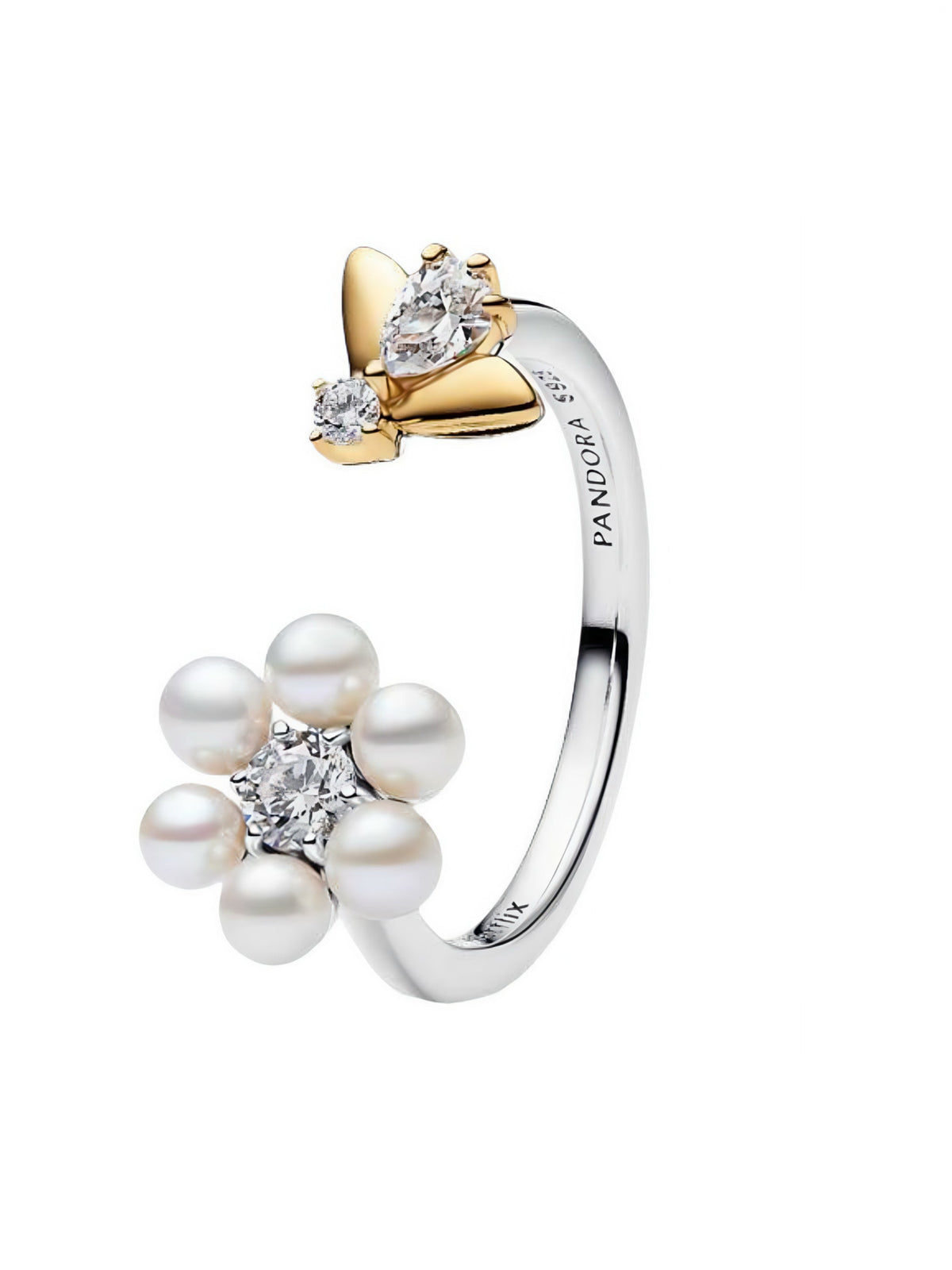 Anillo abierto de abeja y flor con perla